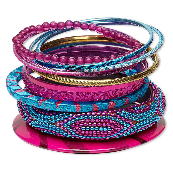 Bracelet, bangle, glass / resin / polyester / aluminum / brass / painted wood, fuchsia / turquoise blue / gold with glitter, 2.5-17mm wide, 7-8 inches. Sold per 12-piece set. image number 0