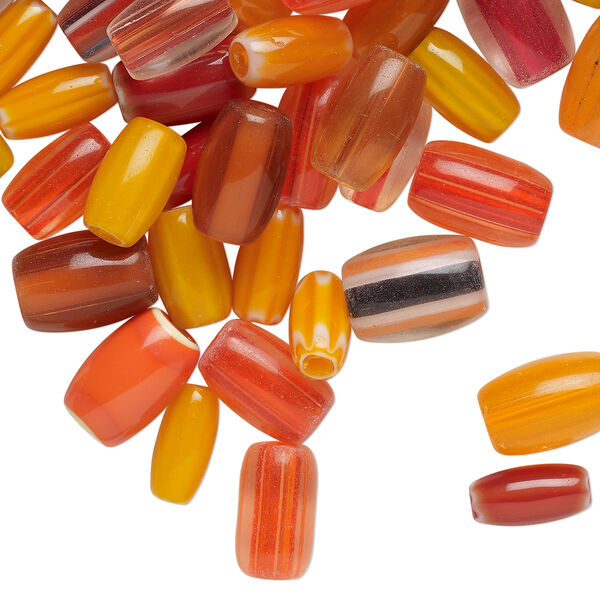 Bead mix, lampworked glass, opaque and translucent orange and red, 13x9mm-17x10mm round tube. Sold per 4-ounce pkg, approximately 80 beads. image number 0