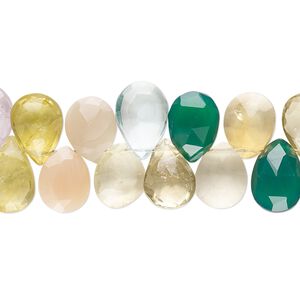 Multi-gemstone 1pkg1, hand-cut top-drilled faceted puffed teardrop bead 7.5 inch 10x7mm-13x8mm