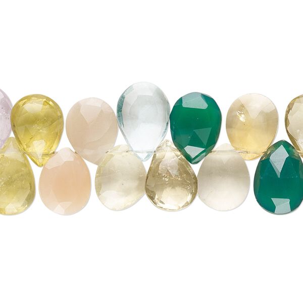 Multi-gemstone 1pkg1, hand-cut top-drilled faceted puffed teardrop bead 7.5 inch 10x7mm-13x8mm image number 0