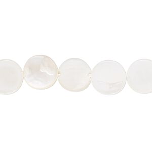 Bead, mother-of-pearl shell (dyed / coated), white, 10mm flat round. Sold per 15-inch strand.