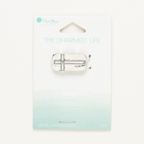 Slide, glass and silver-finished "pewter" (zinc-based alloy), 26x13mm single-sided rounded rectangle with cross. Sold individually. image number 0