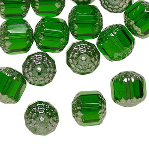 Czech pressed glass 1pkg40, metallic cathedral bead translucent emerald green 10mm