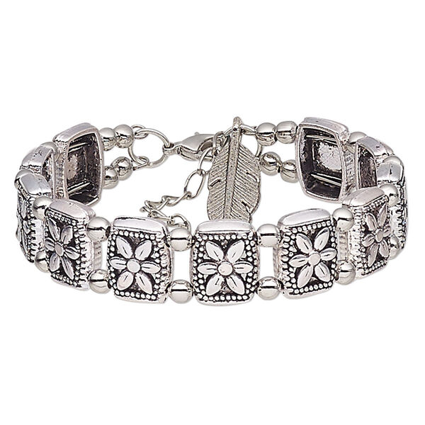 Bracelet, antique silver-plated steel and pewter (tin-based alloy), 14mm wide with rectangle and flower design with feather dangle, 6-1/2 inches with 1-3/4 inch extender chain and lobster claw clasp. Sold individually. image number 0