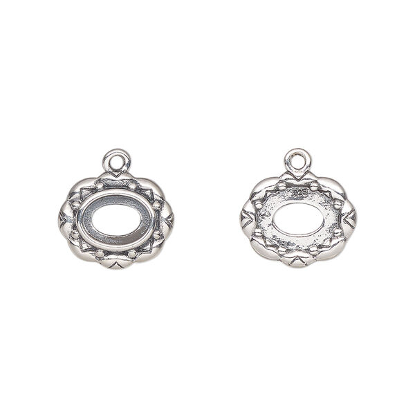 Drop, antiqued sterling silver, 12.5x10.5mm overall with 7x5mm oval setting and flower design with open back. Sold individually. image number 0