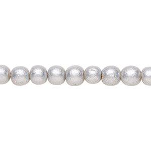 Bead 1pkg1, Taiwanese cheesewood (coated), painted metallic silver, 5-6mm round, 15-1/2 to 16 inches.