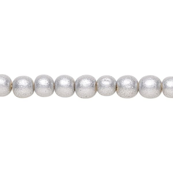 Bead 1pkg1, Taiwanese cheesewood (coated), painted metallic silver, 5-6mm round, 15-1/2 to 16 inches. image number 0