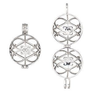 Focal, antiqued sterling silver, 34x25mm hinged round bead cage with fancy cutout design, fits up to 22mm bead. Sold individually.