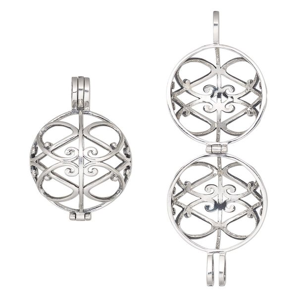 Focal, antiqued sterling silver, 34x25mm hinged round bead cage with fancy cutout design, fits up to 22mm bead. Sold individually. image number 0