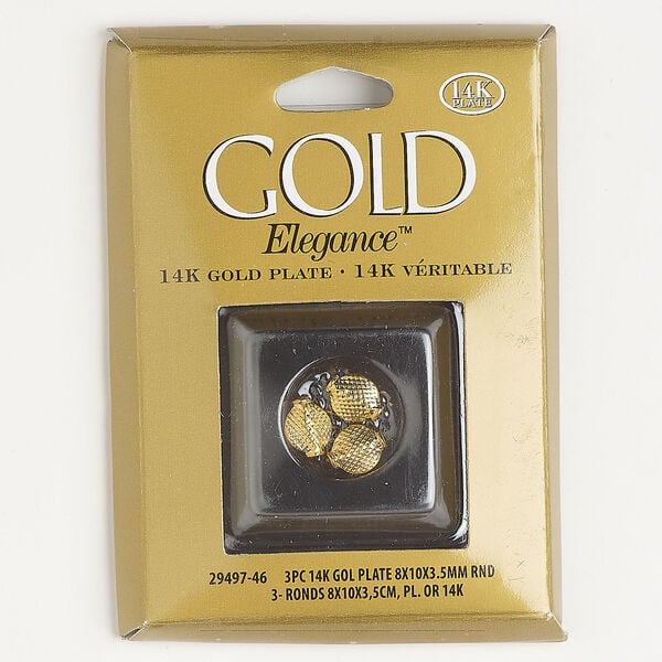 Bead, gold-plated copper 1pkg3, 10x8mm textured puffed round. image number 0