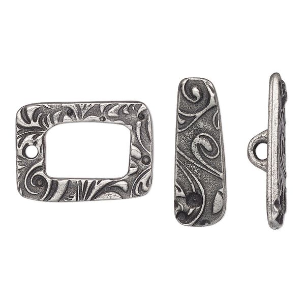 Clasp, TierraCast®, "Vida Mas Dulce" collection, toggle, antiqued pewter (tin-based alloy), 20x15mm rectangle with jardin design. Sold individually. image number 0