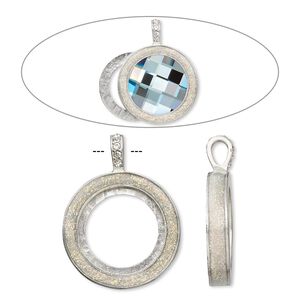 Pendant, Almost Instant Jewelry®, epoxy / crystal / imitation rhodium-plated "pewter" (zinc-based alloy), crystal clear with glitter, 45x35mm single-sided with 30mm round setting. Sold individually.
