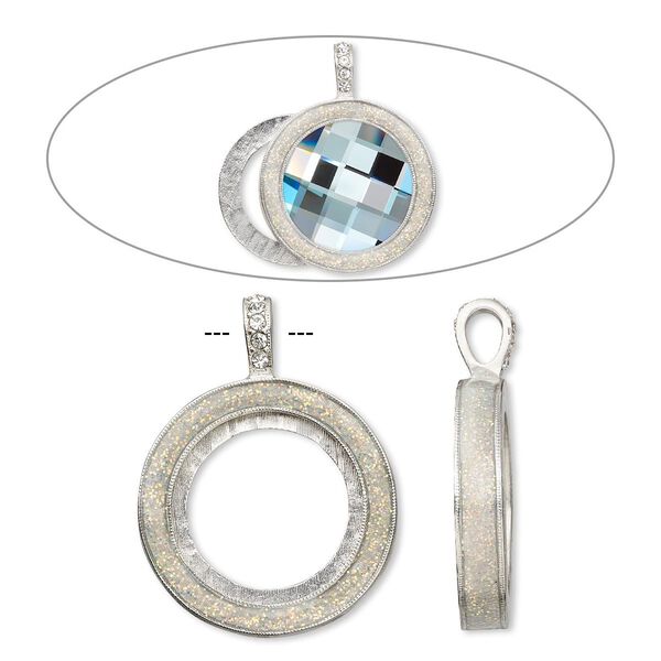 Pendant, Almost Instant Jewelry®, epoxy / crystal / imitation rhodium-plated "pewter" (zinc-based alloy), crystal clear with glitter, 45x35mm single-sided with 30mm round setting. Sold individually. image number 0