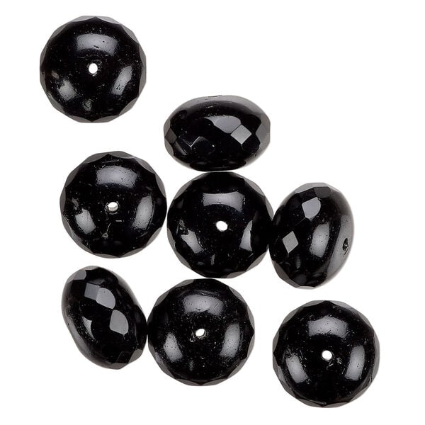 Bead, Czech fire-polished glass, jet black, 17x12mm faceted rondelle. Sold per pkg of 8. image number 0
