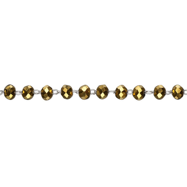 Chain, glass and stainless steel, metallic gold, 3.5mm faceted rondelle. Sold per pkg of 1 yard. image number 0