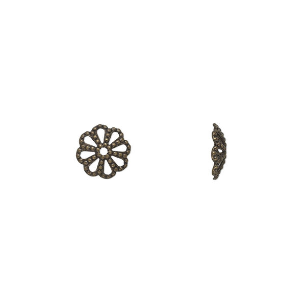 Bead cap, antique gold-plated brass, stamped, 8x2mm fancy round with cutout pattern, fits 8-10mm bead. Sold per pkg of 100. image number 0