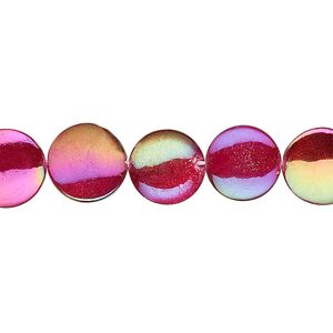 Bead, mother-of-pearl shell (dyed / coated), peach-red, 10mm flat round. Sold per 15-inch strand.
