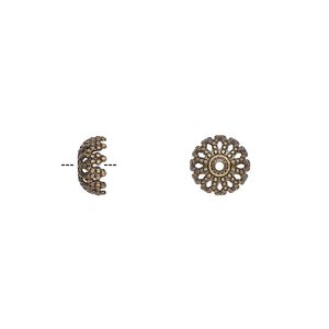 Bead cap, antique gold-plated brass, 8x4mm fancy round, fits 6-7mm bead. Sold per pkg of 100.