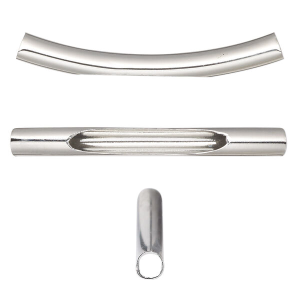 Bead, imitation rhodium-finished brass, 45x5mm curved tube with oval cutout. Sold per pkg of 10. image number 0