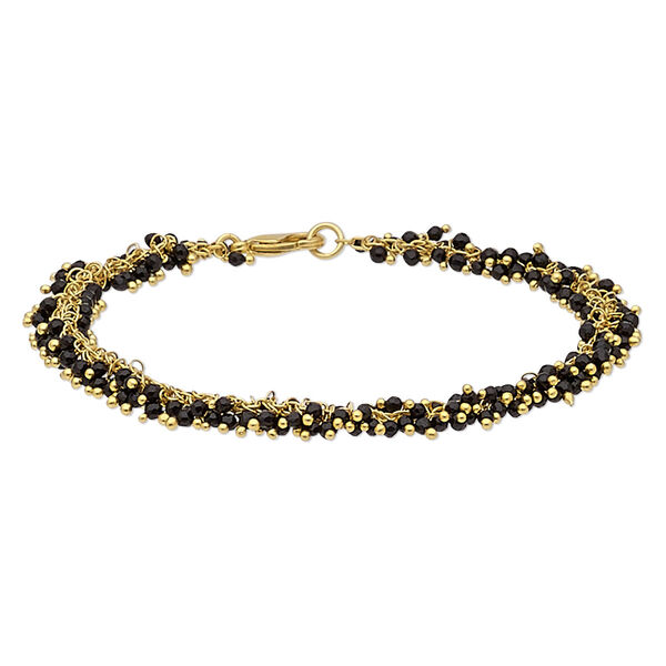Bracelet, black onyx (dyed) and gold-finished brass, 8mm wide with 2mm faceted round, 7-1/2 inches with lobster claw clasp. Sold individually. image number 0