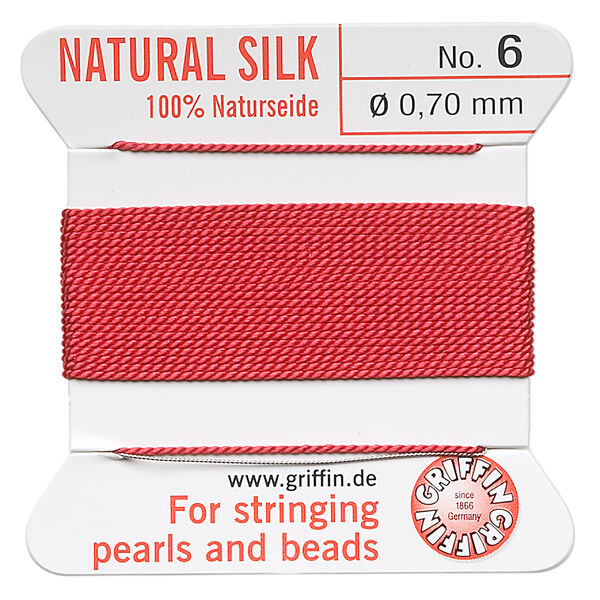 Thread, Griffin, silk, red, size #6. Sold per 2-meter card (approximately 78 inches). image number 0