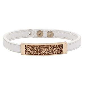 Bracelet, leather (dyed) / stainless steel / rose gold-finished stainless steel / brass, white, 11mm wide with 45x11mm curved rectangle and textured design, adjustable at 6-1/2 and 7 inches with two-hole button stud closure. Sold individually.