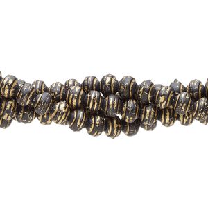 Bead 1pkg4 painted glass, opaque black and metallic golden, 5x4mm rondelle, 7 inches.