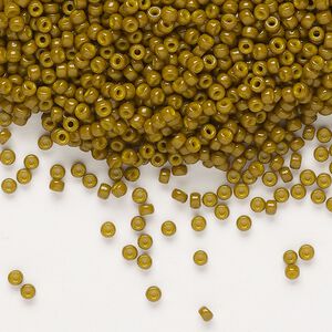 Seed bead, Miyuki, glass, pkg/25g, #11 rocaille, Duracoat® opaque outside dyed Spanish olive (RR-4491).