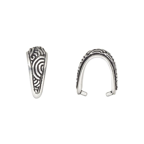 Bail, TierraCast®, ice-pick, antique silver-plated pewter (tin-based alloy), 15x6.5mm with swirl design, 11mm grip length. Sold per pkg of 2. image number 0
