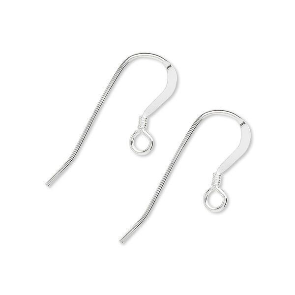 Ear wire, sterling silver, 15mm flattened fishhook with 2mm coil and open loop, 21 gauge. Sold per pkg of 5 pairs. image number 0