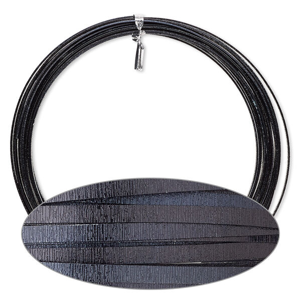Wire, anodized aluminum, black, 5x1mm double-sided flat with embossed wood grain pattern, 18 gauge. Sold per pkg of 18 feet. image number 0