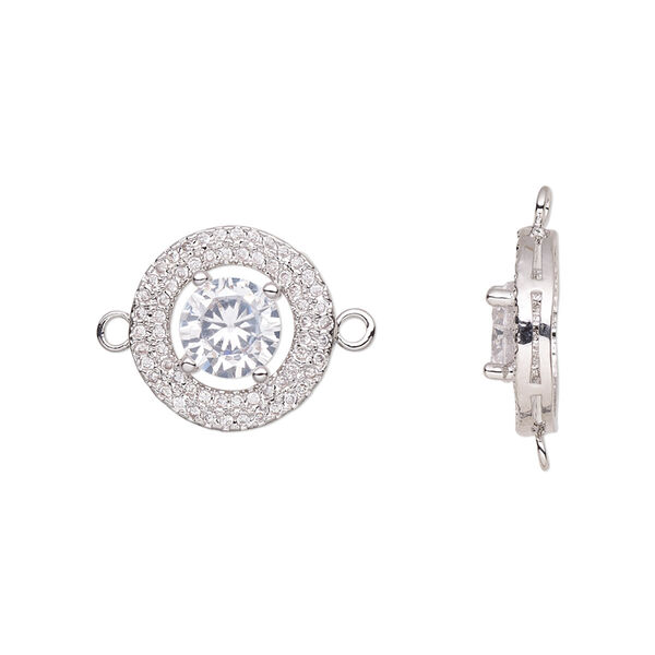 Link, cubic zirconia and silver-plated brass, clear, 14mm single-sided round. Sold individually. image number 0