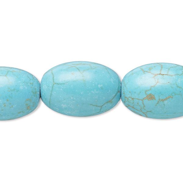 Bead, magnesite (dyed / stabilized), teal, 19x13mm-20x14mm oval, C grade, Mohs hardness 3-1/2 to 4. Sold per 8-inch strand. image number 0