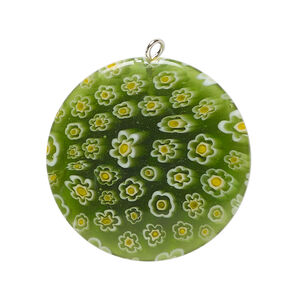 Focal, millefiori glass and silver-finished steel 1pkg1, translucent green / yellow / white, 30mm puffed flat round.