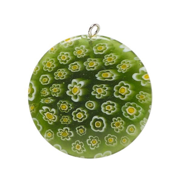 Focal, millefiori glass and silver-finished steel 1pkg1, translucent green / yellow / white, 30mm puffed flat round. image number 0