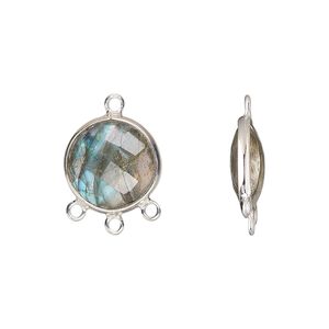 Drop, sterling silver and labradorite (natural), 14mm hand-cut double-sided faceted puffed flat round with 3 closed loops, Mohs hardness 6 to 6-1/2. Sold individually.