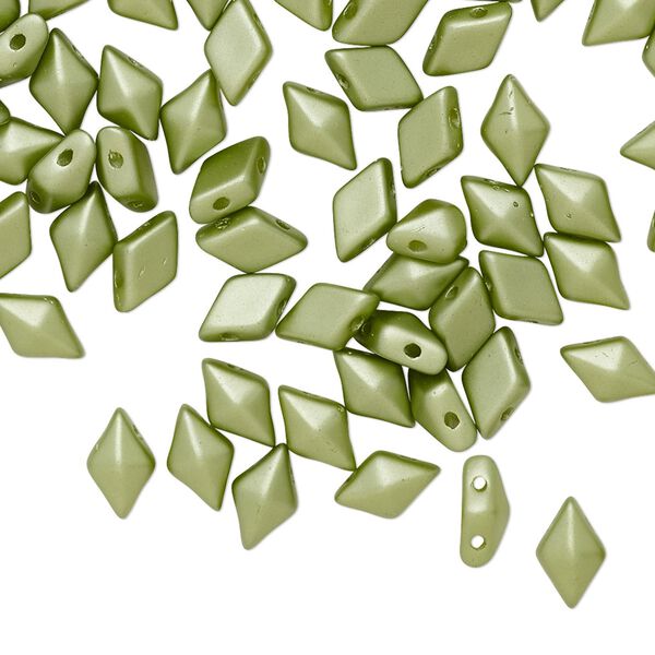 Bead, DiamonDuo™, Czech pressed glass, opaque pastel olivine, 8x5mm faceted diamond with flat back and (2) 0.7-0.8mm holes. Sold per 10-gram pkg, approximately 70 beads. image number 0