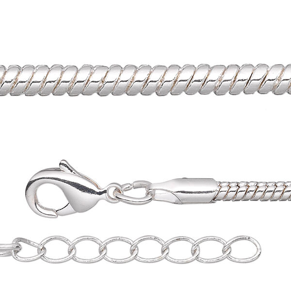 Chain, silver-plated brass, 2.5mm snake, 24 inches with 1-inch extender chain and lobster claw clasp. Sold per pkg of 2. image number 0