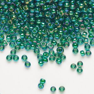 Seed bead, Miyuki, glass, pkg/50g, #8 rocaille, translucent chartreuse-lined rainbow green (RR-354).