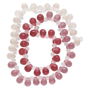 Bead, glass, translucent matte pale pink, light pink and dark pink, 8x6mm top-drilled teardrop with irregular rondelles. Sold per 14-inch strand.