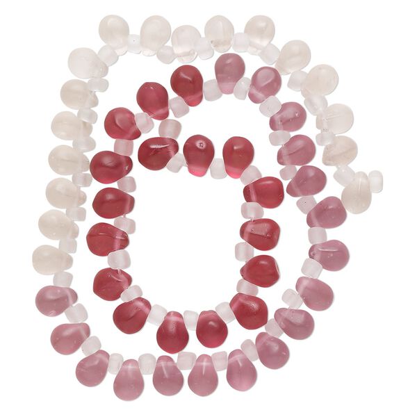 Bead, glass, translucent matte pale pink, light pink and dark pink, 8x6mm top-drilled teardrop with irregular rondelles. Sold per 14-inch strand. image number 0