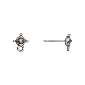 Earstud 1pkg20 antique silver-plated "pewter" (zinc-based alloy), 8x7mm single-sided sunburst / closed loop, 10 pair