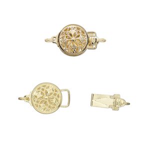 Clasp tab 1pkg2 gold-plated, 9mm filigree round / safety latch, brass 1-strand