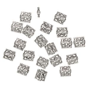 Bead, "pewter" (zinc-based alloy), pkg/20, 12x10mm-12x11mm textured flat rectangle, antique silver finish.