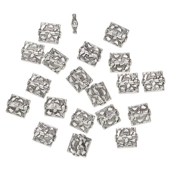 Bead, "pewter" (zinc-based alloy), pkg/20, 12x10mm-12x11mm textured flat rectangle, antique silver finish. image number 0