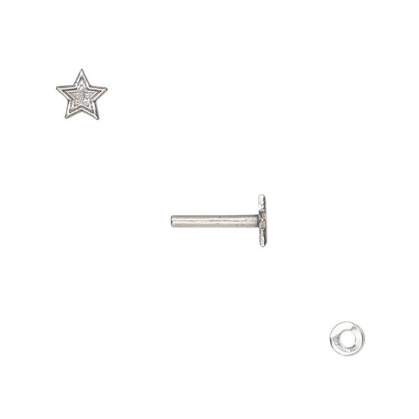 Washer and brad, antique silver-plated brass, 4x0.7mm and 10.5x6mm with 6x6mm star and 1.5mm post diameter. Sold per pkg of (2) 2-piece sets. image number 0