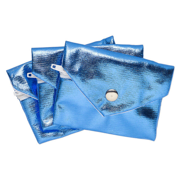 Pouch, metallic nylon, blue, 3x2.5-inches with snap and zipper. Sold per pkg of 3. image number 0