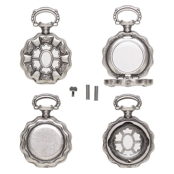 Watch body, acrylic and antique silver-finished "pewter" (zinc-based alloy), transparent clear, 41x27mm with 27mm round and flower design. Sold per 5-piece set. image number 0