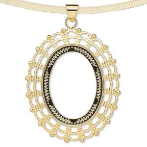 Pendant, gold-plated brass, 58x49mm fancy oval with 40x30mm oval setting. Sold per pkg of 2.