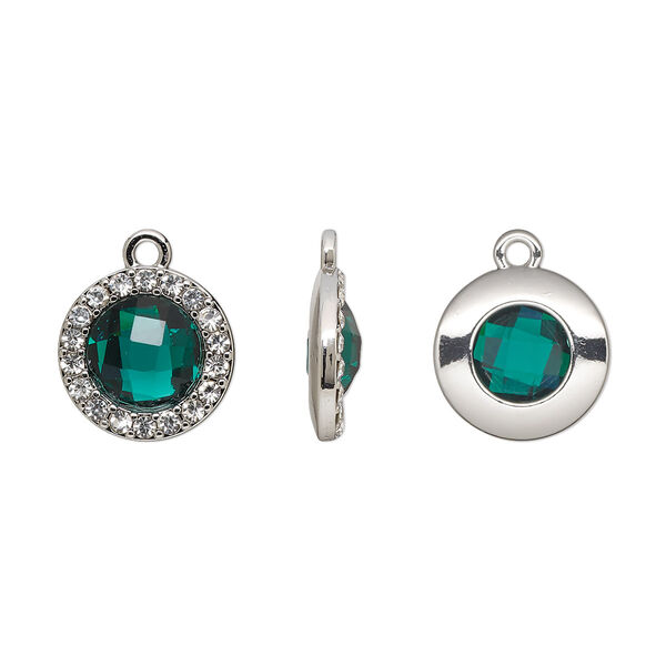 Drop, glass / glass rhinestone / imitation rhodium-finished "pewter" (zinc-based alloy), clear and transparent emerald green, 15.5mm single-sided round. Sold per pkg of 2. image number 0